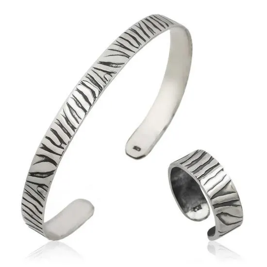 Gümüş Zebra Desenli Bileklik Ve Yüzük Set – Uyumlu Takım | 925 Ayar