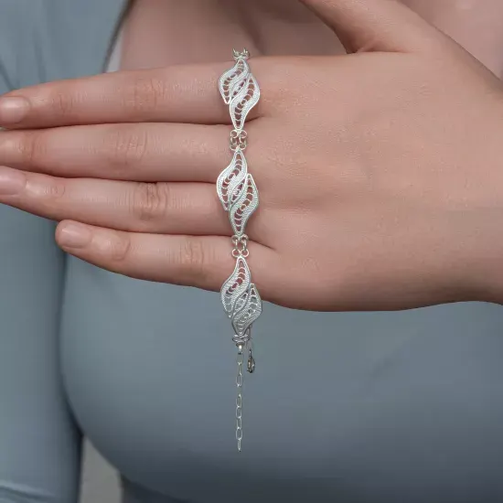 Gümüş İkili Yaprak Telkari Kadın Bileklik