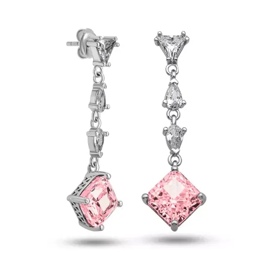 Gümüş Ice Cut Pembe Zirkon Taşlı Işıltılı Kadın Küpe