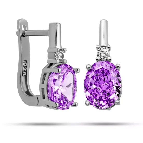 Gümüş Ice Cut Oval Mor Zirkon Taşlı Kadın Küpe