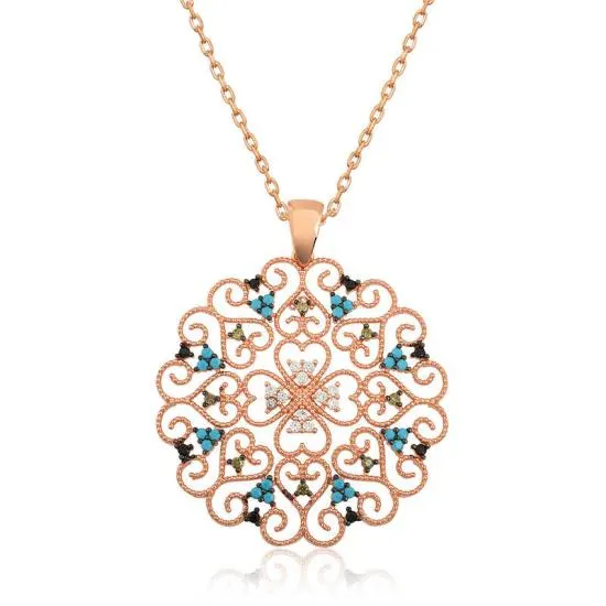 Gümüş Rose Etnik Desenli Madalyon Kolye