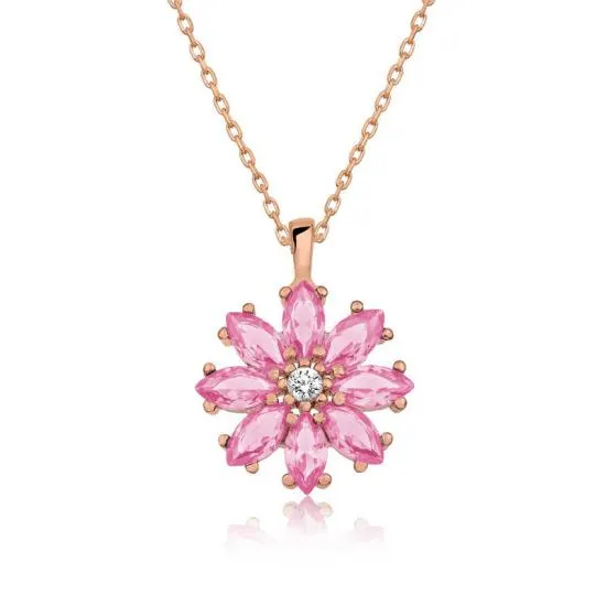 Gümüş Rose Pembe Çiçek Kolye