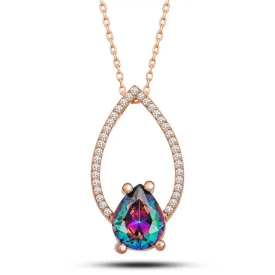 Gümüş Rose Mistik Topaz Taşlı Damla Kadın Kolye