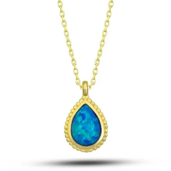 Gümüş Gold Damla Mavi Opal Taşlı Kadın Kolye