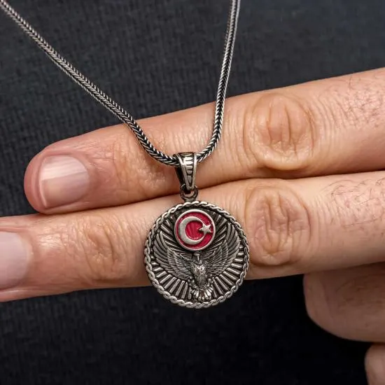 Gümüş Türk Kartalı ve Ay Yıldız Motifli Erkek Kolye – Vatan Sevgisi | 925 Ayar