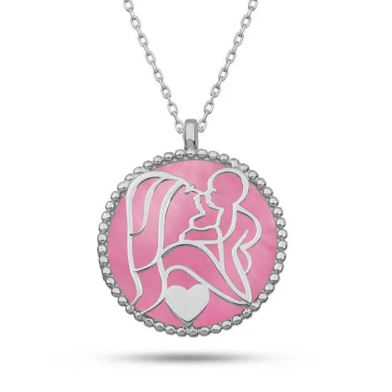 Gümüş Pembe Sedef Taşlı Anne Çocuk Sevgisi Kolye