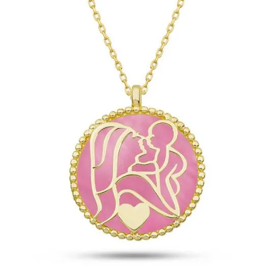 Gümüş Gold Pembe Sedef Taşlı Anne Çocuk Sevgisi Kolye
