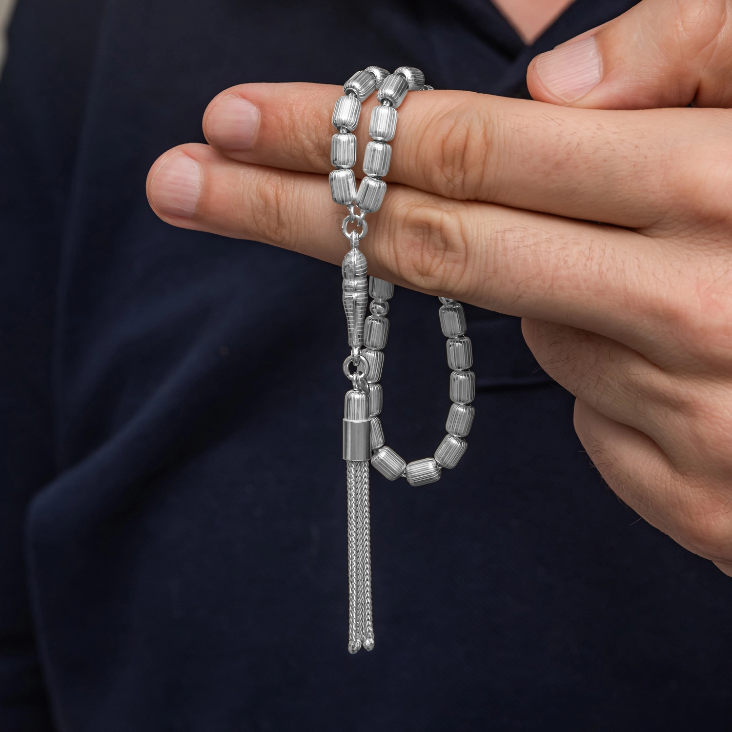 Gümüş Kapsül Kesim Çizgili Erkek Tesbih – Koleksiyonluk | 0,5 mm 0,6 mm 23 cm 21 gr