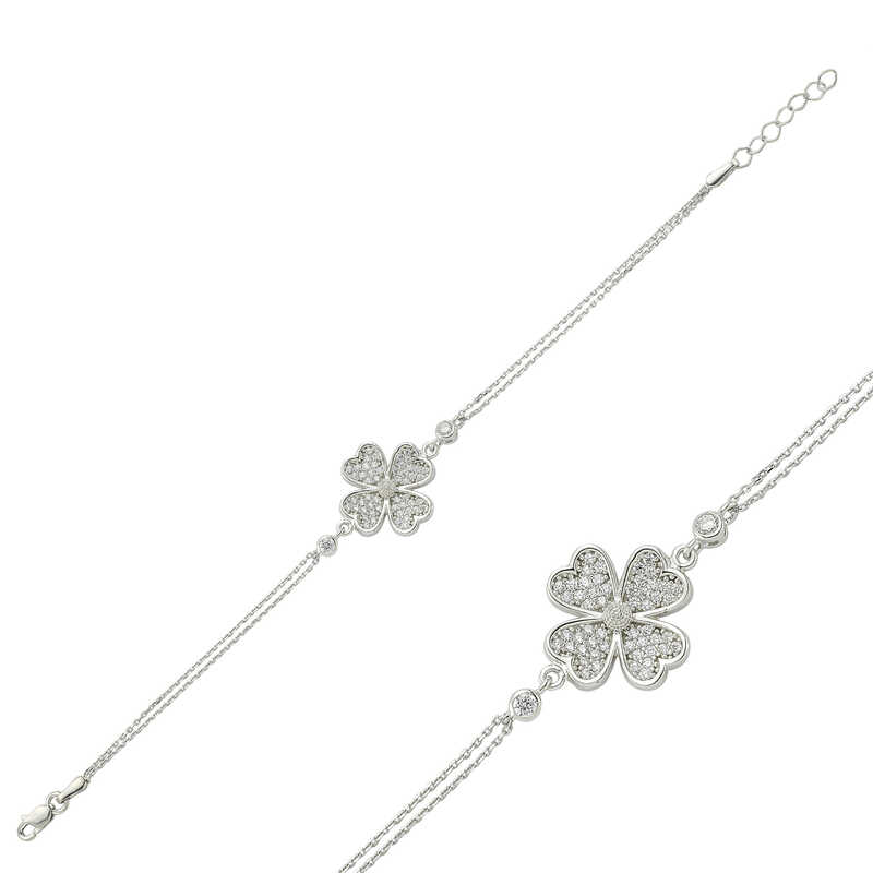 Gümüş Kalpli Yonca Bayan Bileklik – Şans Getiren | 925 Ayar | 1,7 cm 1,7 cm 4 gr