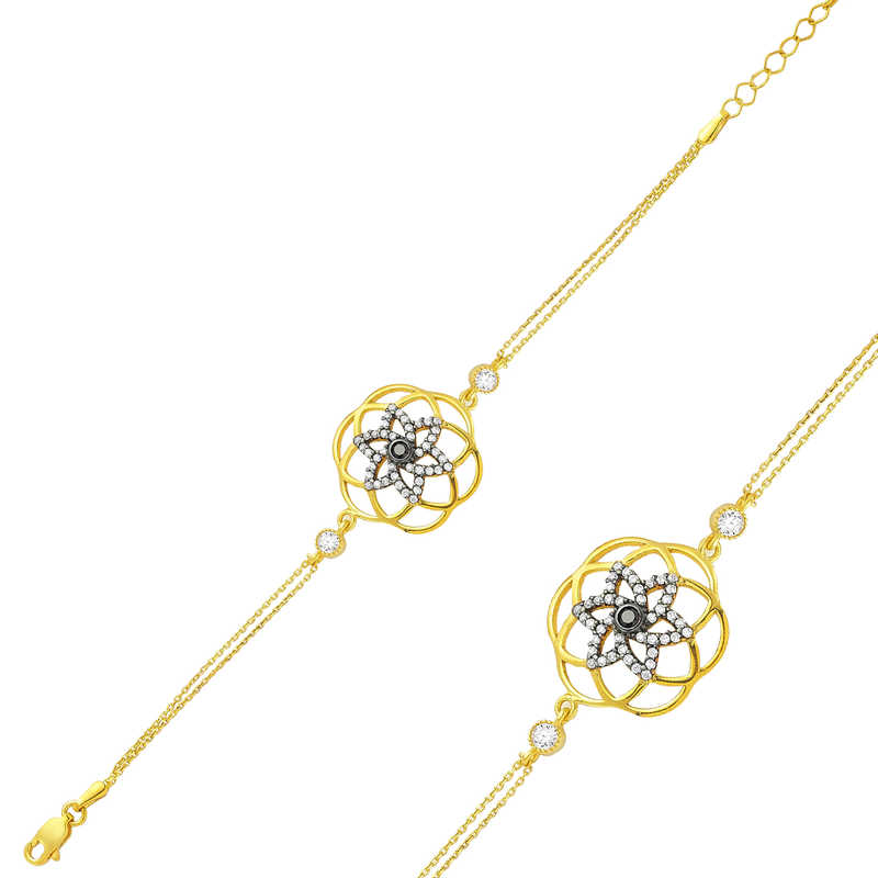 Gümüş Gold Sarı Yaşam Çiçeği Bayan Bileklik – Uyumun Simgesi | 925 Ayar
