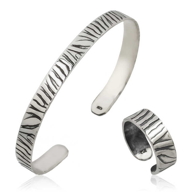 Gümüş Zebra Desenli Bileklik Ve Yüzük Set – Uyumlu Takım | 925 Ayar