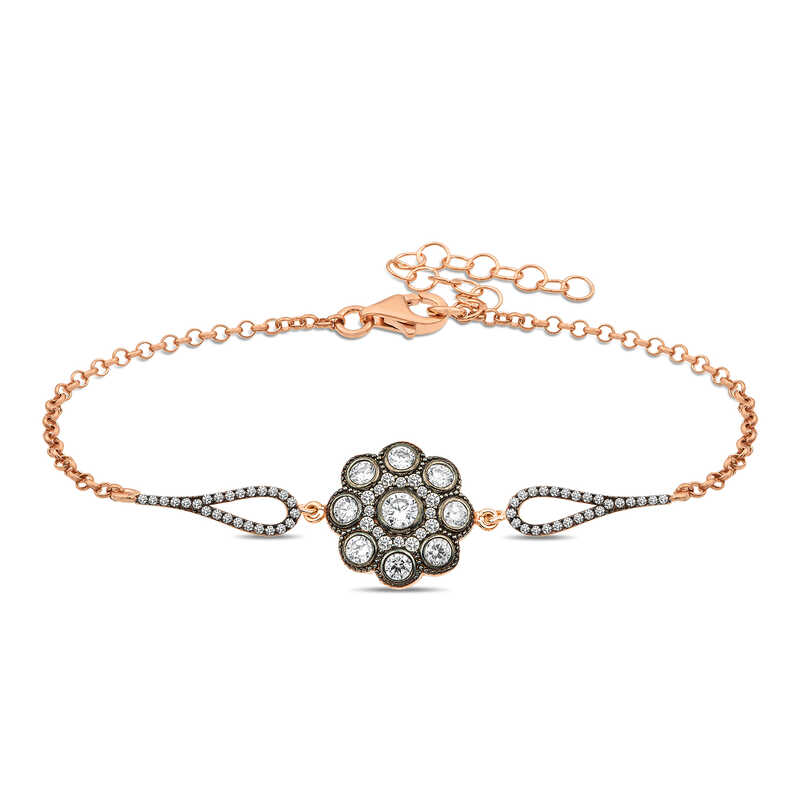 Gümüş Rose Çiçek Desenli Elmas Montür Bileklik – Solmayan Bahar | 925 Ayar | 1,5 cm 1,5 cm 4,35 gr 20 cm