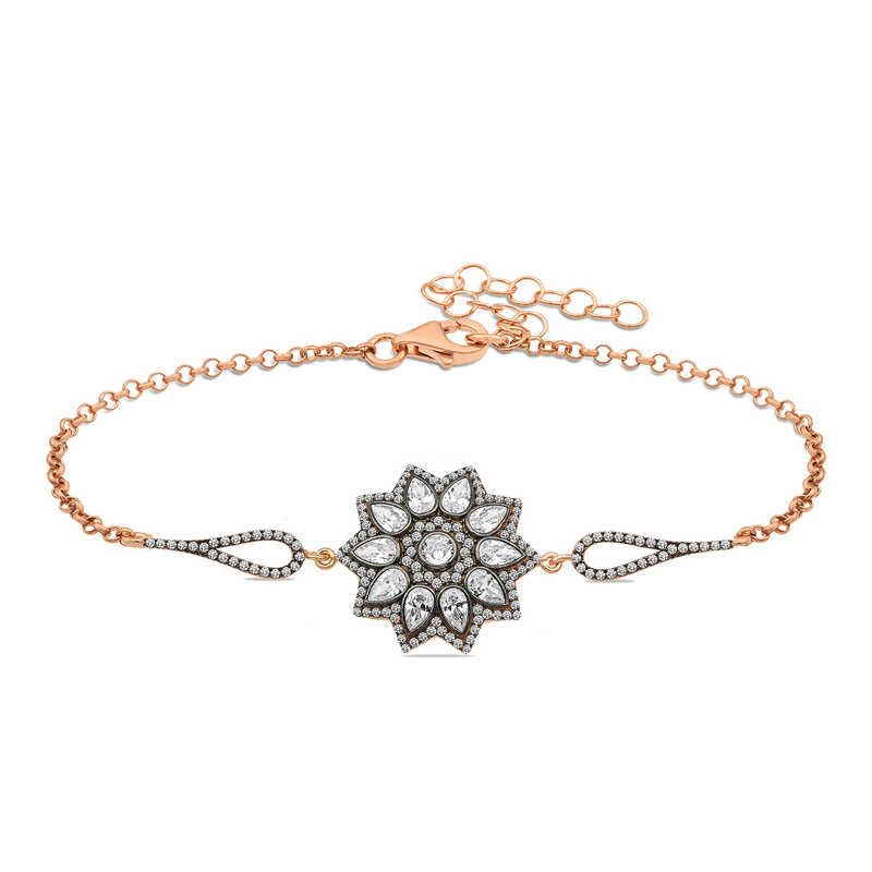 Gümüş Rose Çiçek Desenli Elmas Montür Bileklik – Solmayan Bahar | 925 Ayar | 2 cm 2 cm 6,25 gr 20 cm