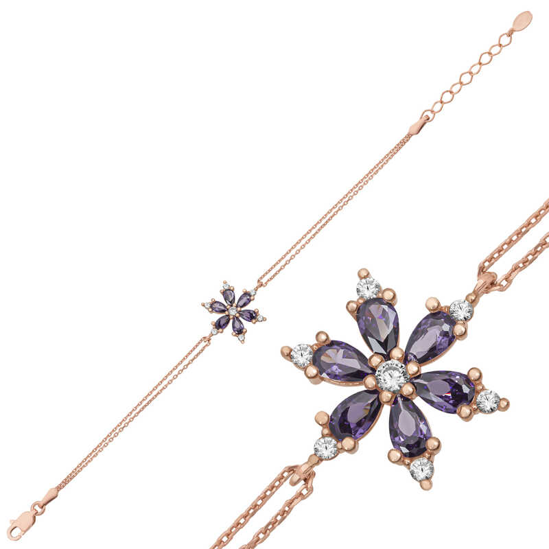 Gümüş Rose Mor Lotus Çiçeği Kadın Bileklik-Gümüş