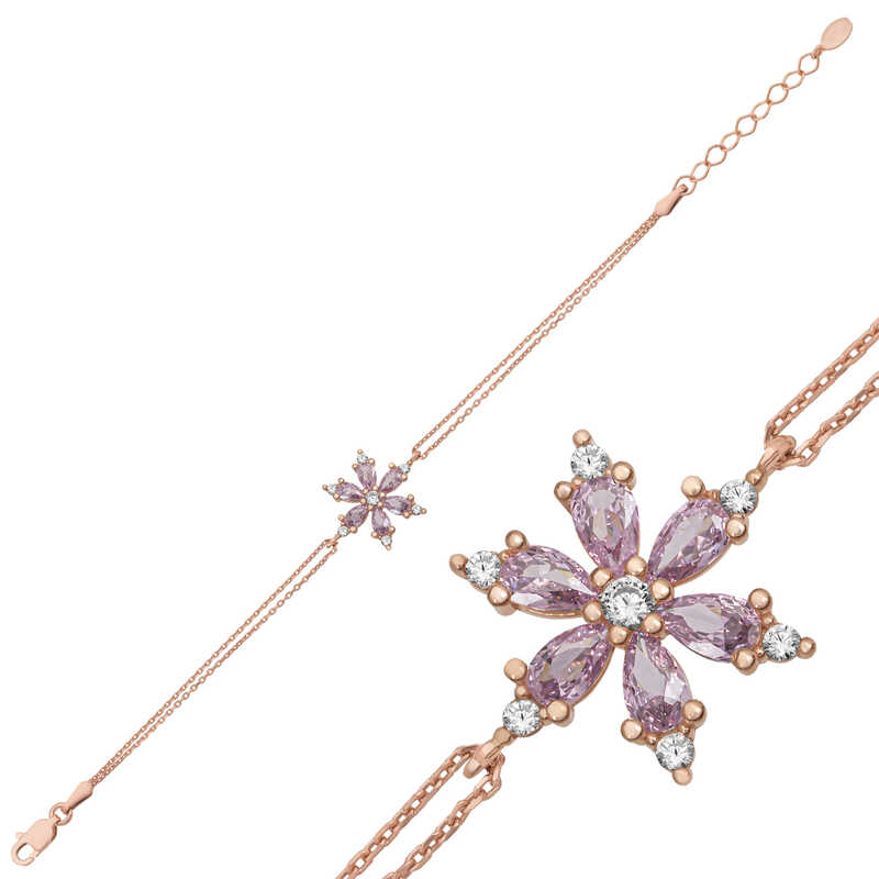 Gümüş Rose Lila Lotus Çiçeği Kadın Bileklik – Arınmanın Simgesi | 925 Ayar
