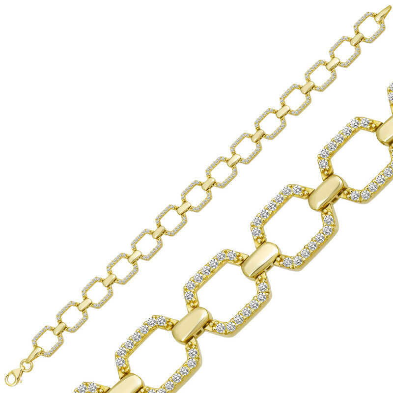 Gümüş Gold Kare Taşlı Kadın Bileklik – Bilekte Işıltı | 925 Ayar | 0,8 cm 1,3 cm 18 cm 11 gr