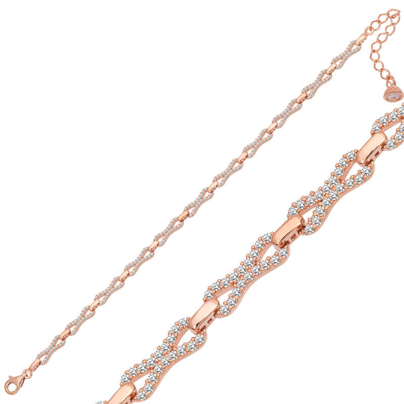 Gümüş Rose Zirkon Taşlı Kadın Bileklik – Bilekte Işıltı | 925 Ayar | 0,5 cm 1,1 cm 21 cm 6,5 gr