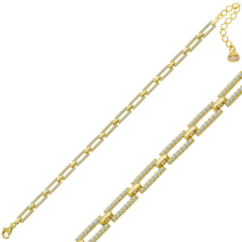 Gümüş Gold Kare Taşlı Kadın Bileklik – Bilekte Işıltı | 925 Ayar | 0,5 cm 1 cm 18 cm 8 gr