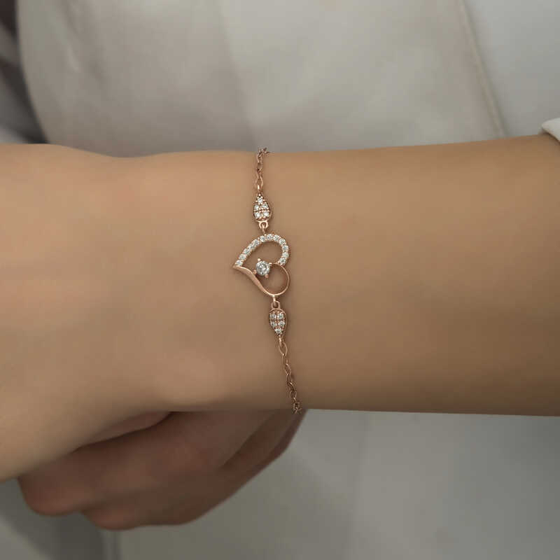 Gümüş Rose Kalpli Tektaş Kadın Bileklik – Sevginin Simgesi | 925 Ayar