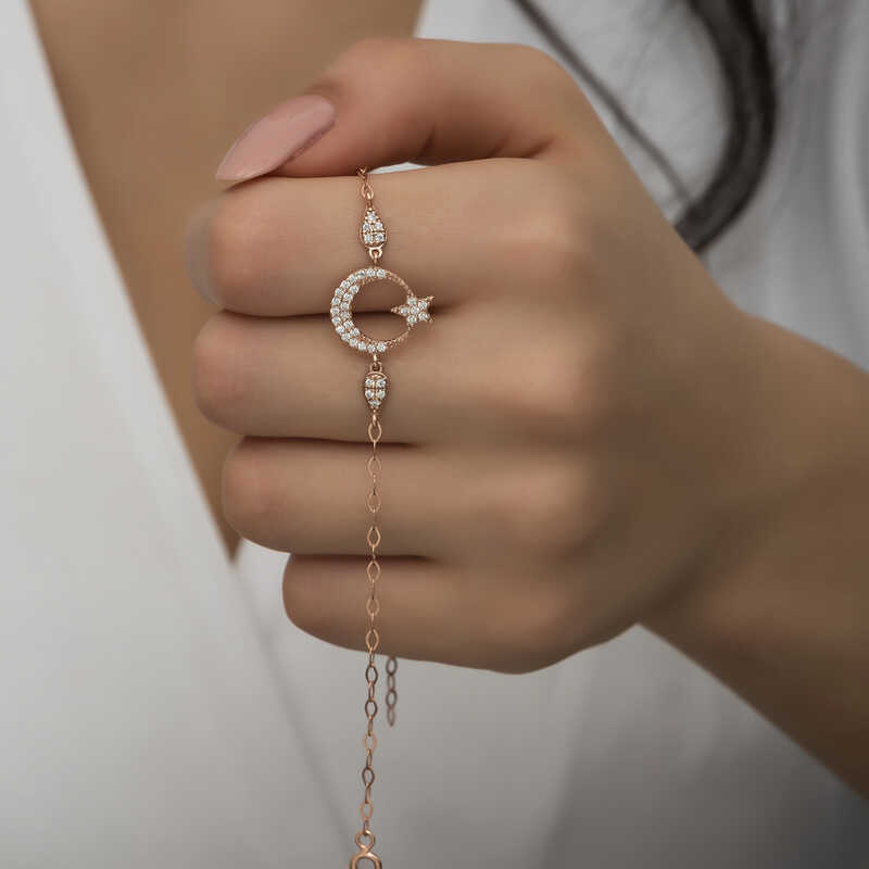 Gümüş Rose Ay Yıldız Kadın Bileklik-Gümüş