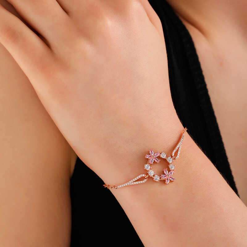 Gümüş Rose Pembe Çiçek Kadın Bileklik-Gümüş