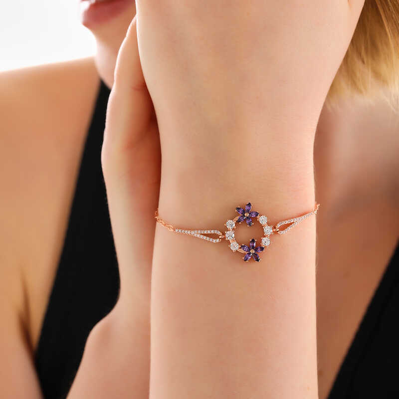 Gümüş Rose Mor Çiçek Kadın Bileklik – Solmayan Bahar | 925 Ayar