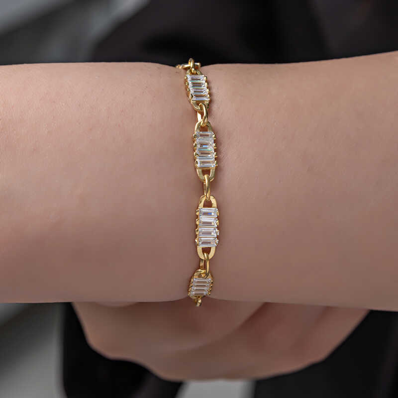 Gümüş Gold Baget Taşlı Kadın Bileklik-Gümüş