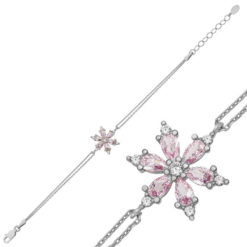 Gümüş Pembe Lotus Çiçeği Kadın Bileklik-Gümüş