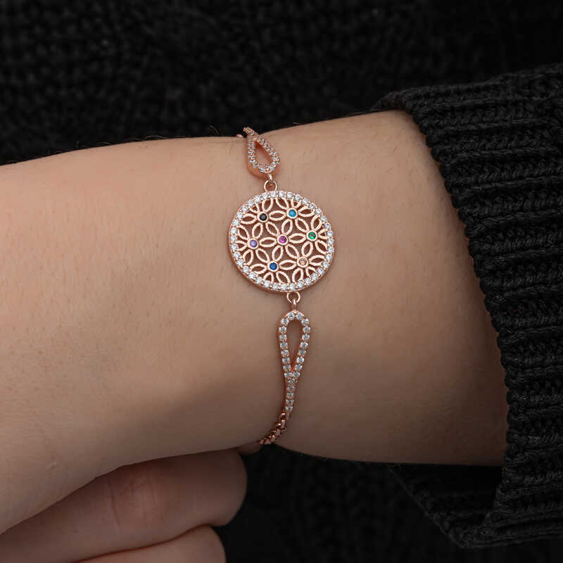 ​Gümüş Rose Renkli Yaşam Çiçeği Kadın Bileklik-Gümüş