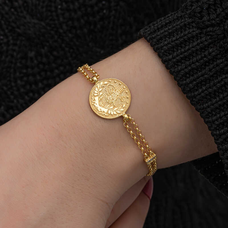 Gümüş Gold Kaplama Tuğralı Kadın Bileklik – Osmanlı Mirası | 925 Ayar | 1,9 cm 21 cm 6,8 gr