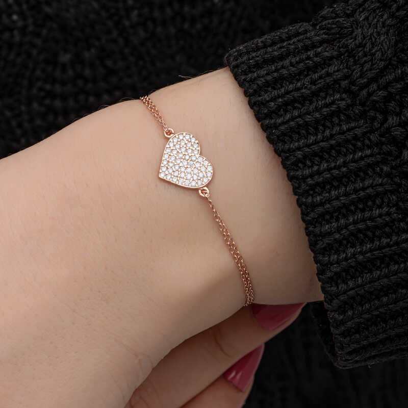 Gümüş Rose Kalp Kadın Bileklik – Sevginin Simgesi | 925 Ayar | 0,9 cm 1,2 cm 19 cm 1,9 gr