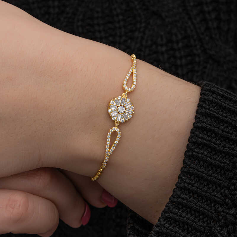Gümüş Gold Baget Taşlı Kadın Bileklik – Bilekte Işıltı | 925 Ayar | 1,1 cm 19 cm 4 gr
