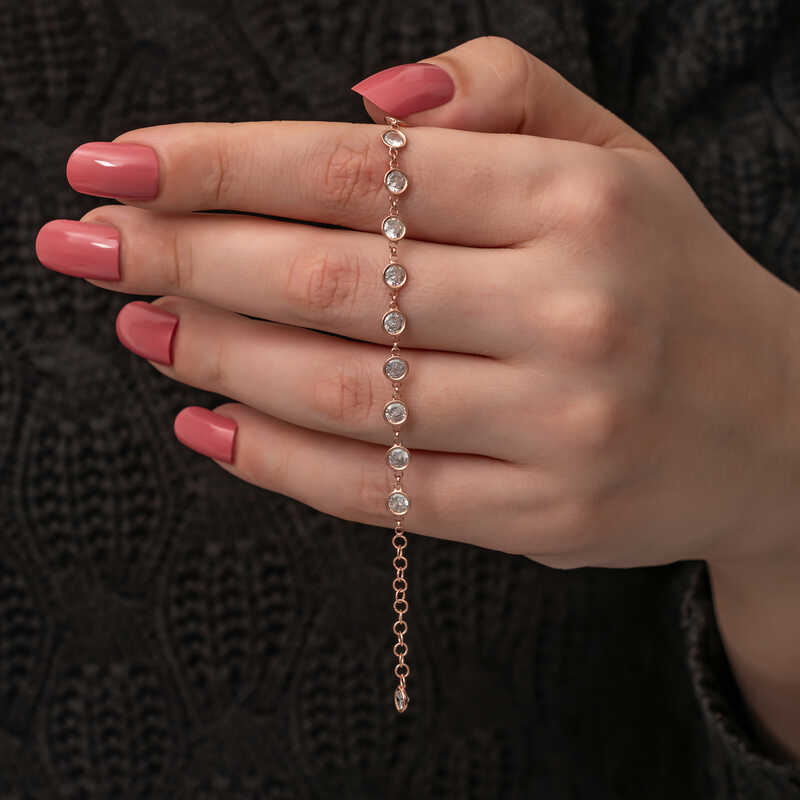 Gümüş Rose Beyaz Taşlı Kadın Bileklik-Gümüş