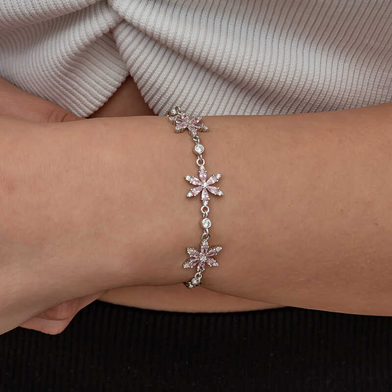 Gümüş Pembe Lotus Çiçeği Kadın Bileklik – Arınmanın Simgesi | 1 cm 21 cm 5,2 gr