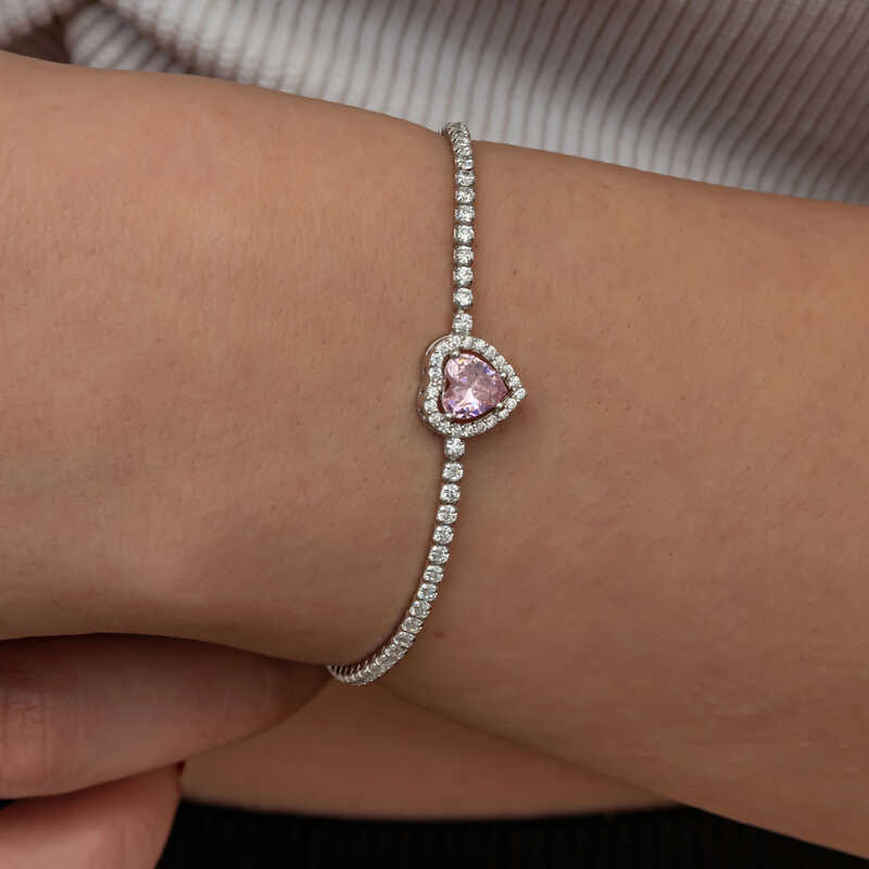 Gümüş Pembe Taşlı Kalpli Su Yolu Bileklik – Kesintisiz Işıltı | 925 Ayar