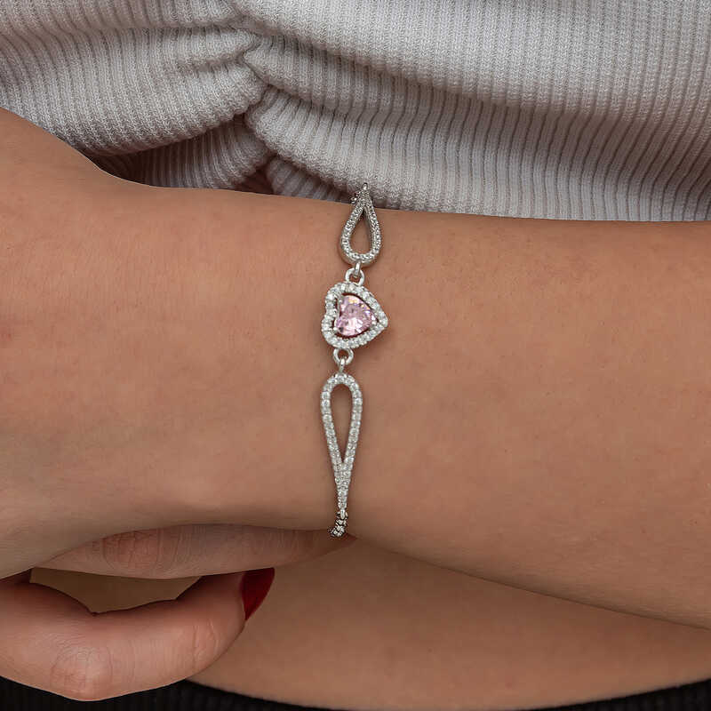 Gümüş Pembe Zirkon Taşlı Kalp Bileklik-Gümüş