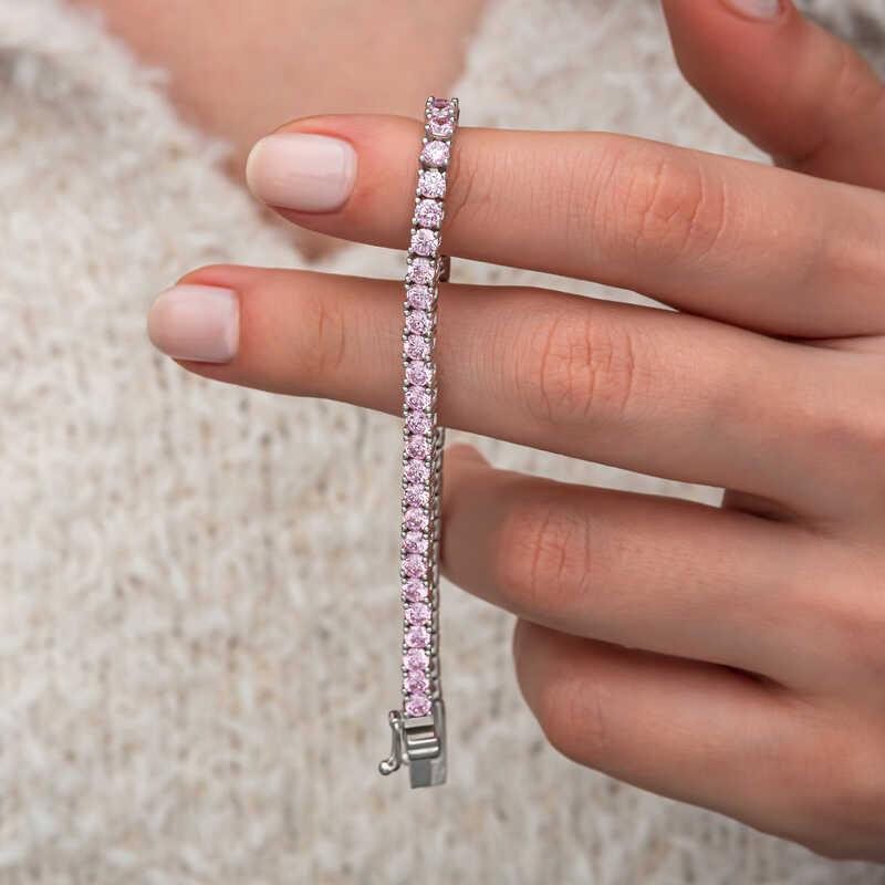 Gümüş Pembe Zirkon Taşlı Su Yolu Kadın Bileklik – Kesintisiz Işıltı | 925 Ayar