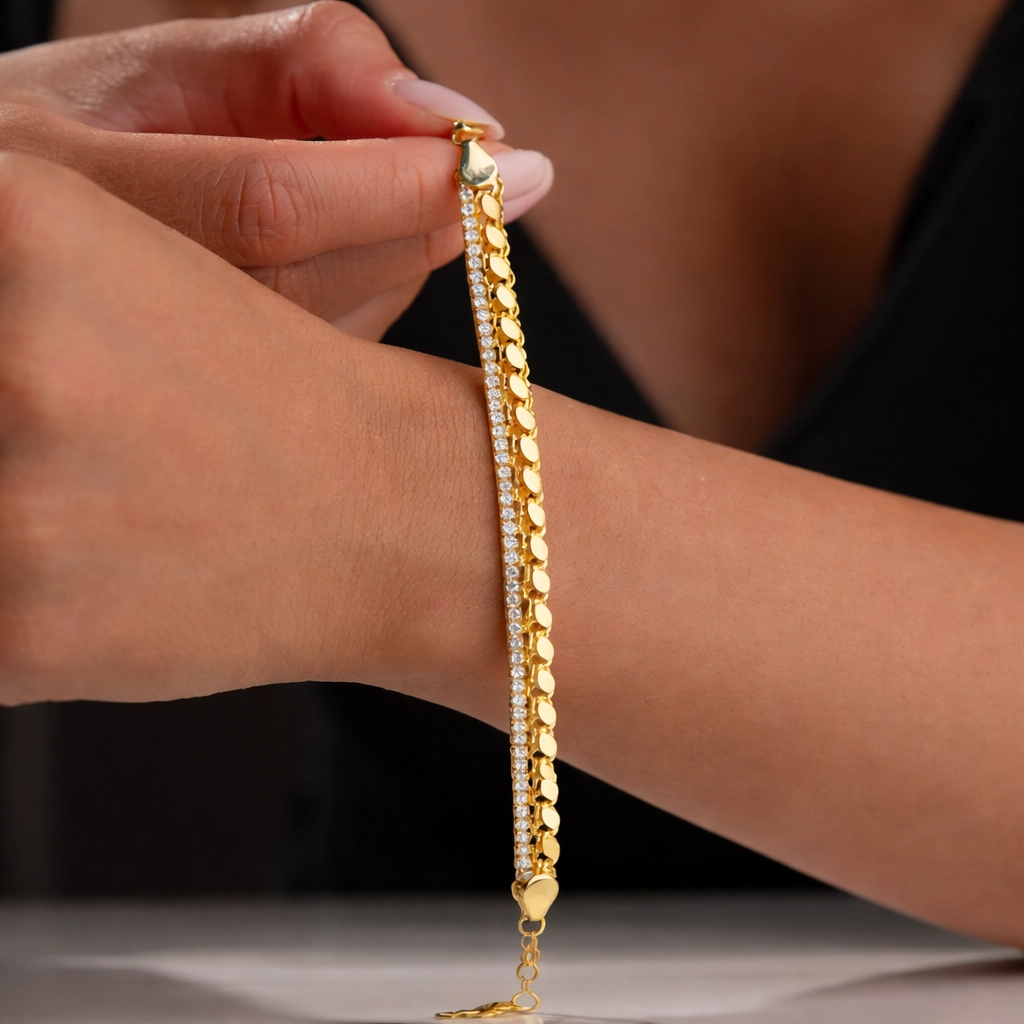Gümüş Gold Pullu Su Yolu Kadın Bileklik-Gümüş