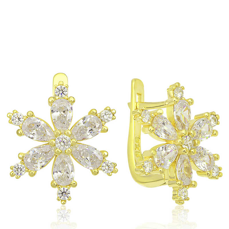 Gümüş Gold Beyaz Lotus Çiçeği Kadın Küpe-Gümüş