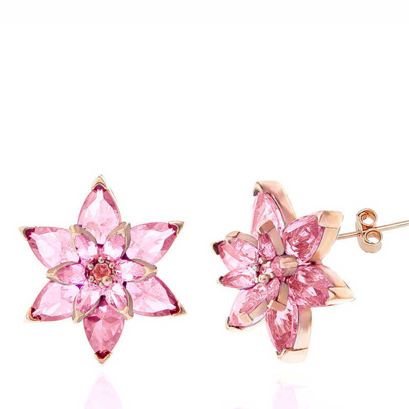 Gümüş Rose Pembe Lotus Çiçeği Çivili Kadın Küpe-Gümüş