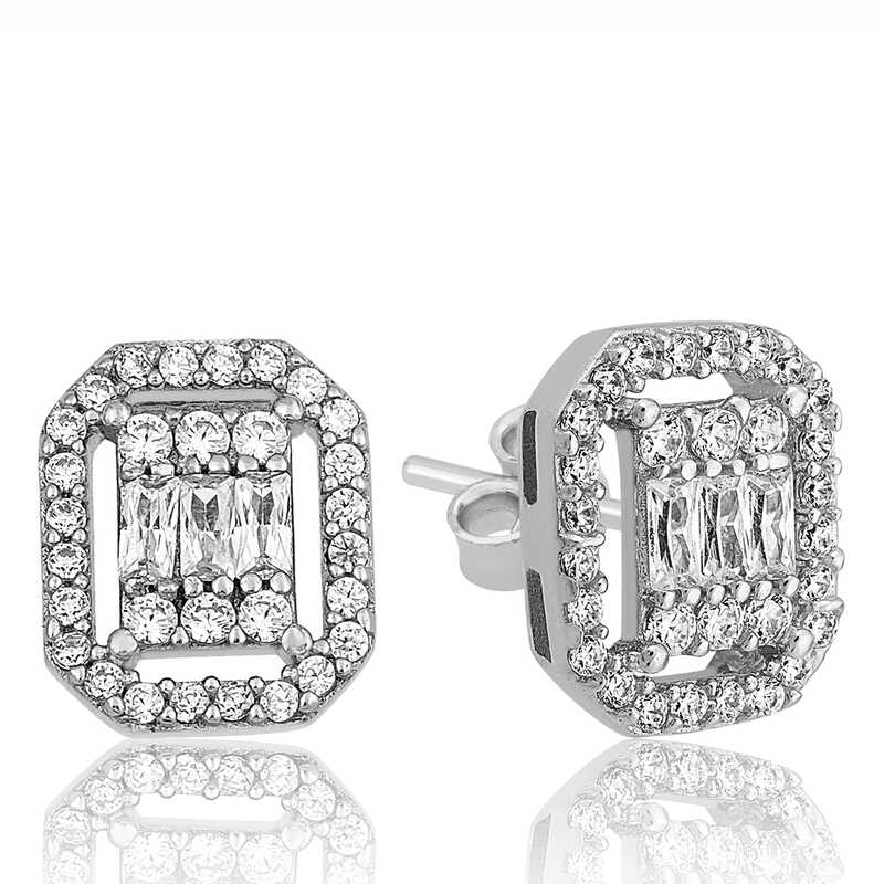 Gümüş Beyaz Baget Taşlı Çivili Kadın Küpe – Günlük Şıklık | 925 Ayar | 0,8 cm 1,6 cm 3,3 gr