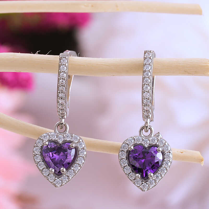 Gümüş Mor Taşlı Kalpli Kadın Küpe – Sevginin Simgesi | 925 Ayar | 0,9 cm 2,6 cm 4 gr