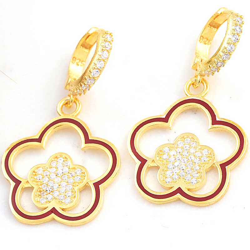 ​Gümüş Gold Sallantılı Çiçek Desenli Kadın Küpe-Gümüş