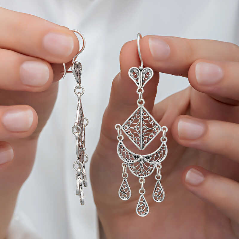 Gümüş Telkari Sallantılı Kadın Küpe – El Sanatı | 925 Ayar | 2,2 cm 7 cm 7,5 gr