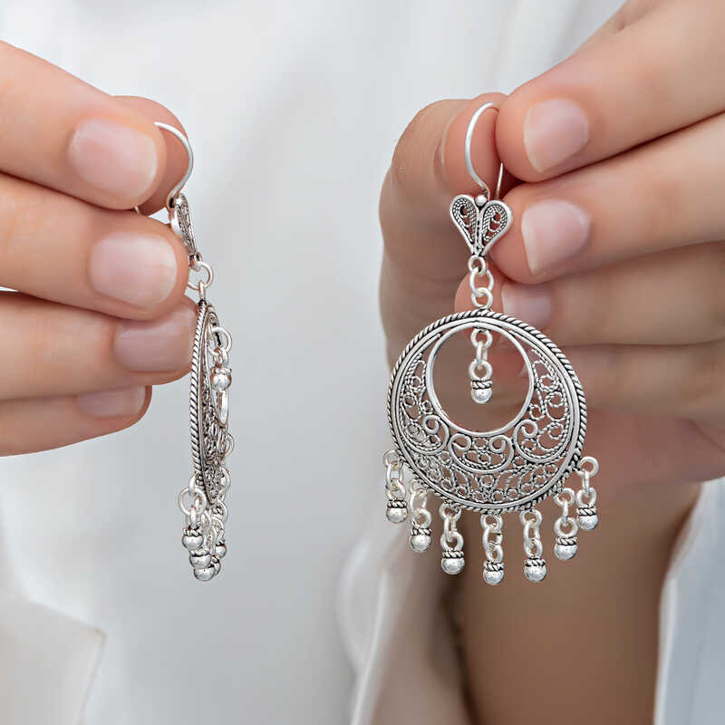 Gümüş Çember Telkari Sallantılı Kadın Küpe-Gümüş