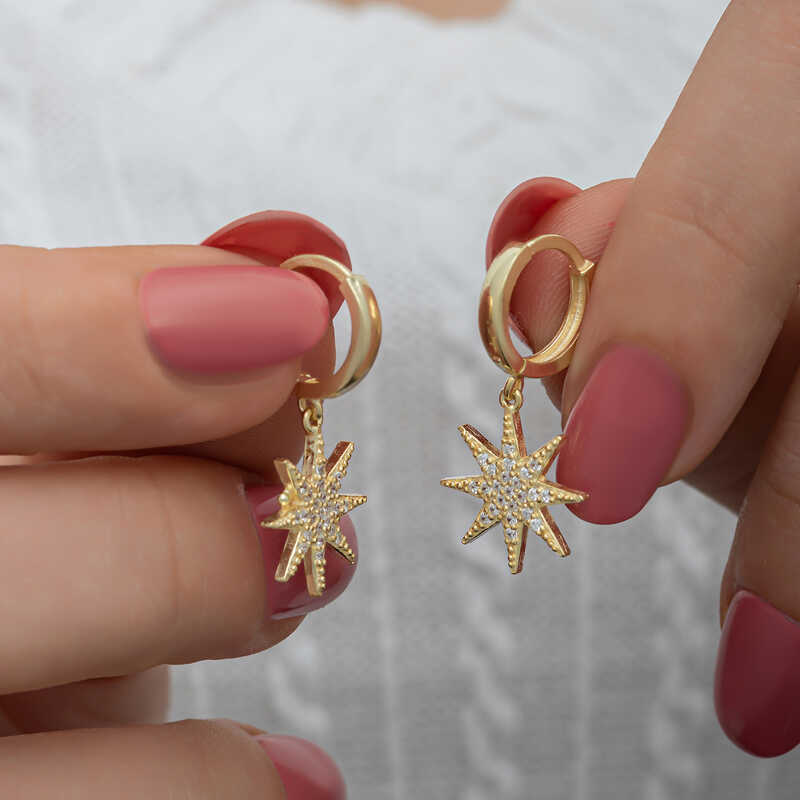Gümüş Gold Sallantılı Kutup Yıldızı Kadın Küpe – Yol Gösteren Yıldız | 925 Ayar