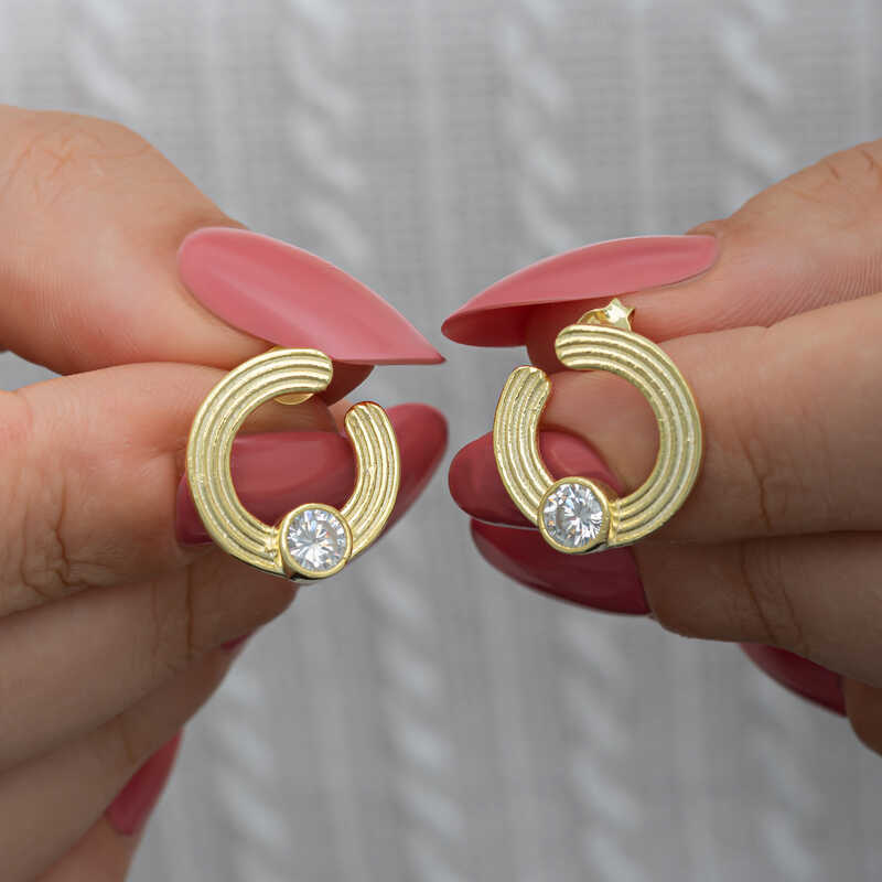 Gümüş Gold Tektaş Halka Kadın Çivili Küpe-Gümüş