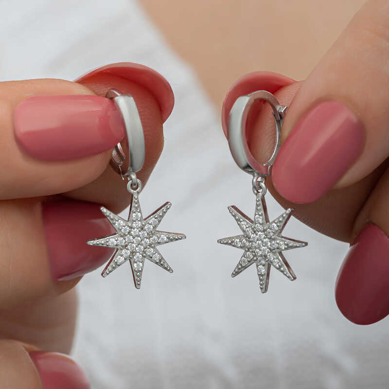 Gümüş Sallantılı Kutup Yıldızı Kadın Küpe – Yol Gösteren Yıldız | 925 Ayar | 1,5 cm 2,9 cm 3,3 gr