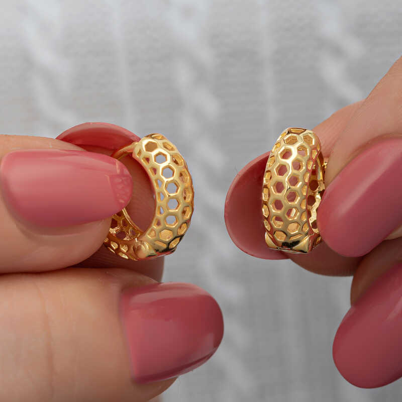 Gümüş Gold Petek Desenli Halka Kadın Küpe – Bütünlüğün Simgesi | 925 Ayar