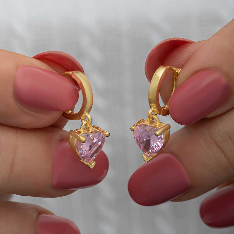 Gümüş Gold Pembe Taşlı Kalpli Kadın Küpe – Sevginin Simgesi | 925 Ayar